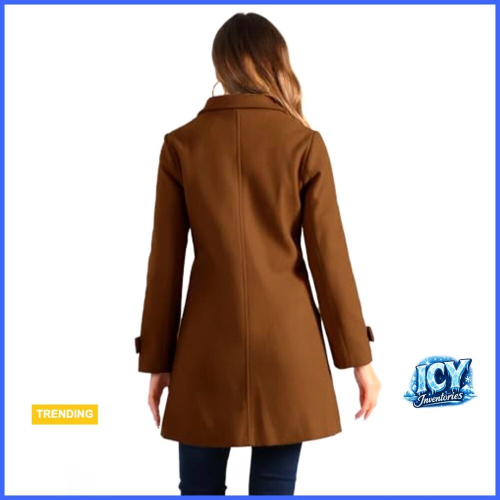 Women's Winter Pea Coat Peter Pan Collar A-Line Mid-Thigh Fully Lined - Picture 4 of 5